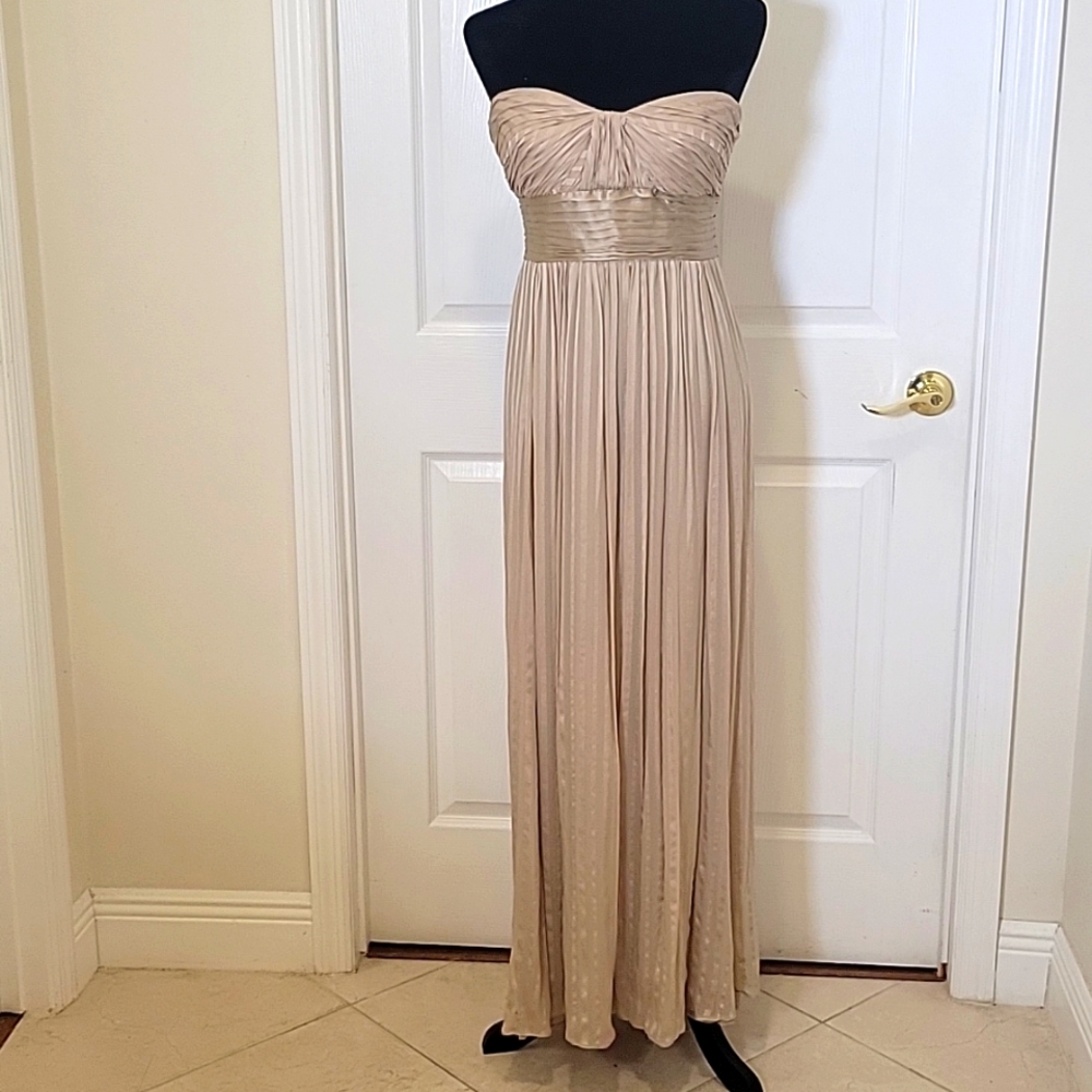 BCBGMaxAzria Strapless Pleated Maxi Dress in Light Beige